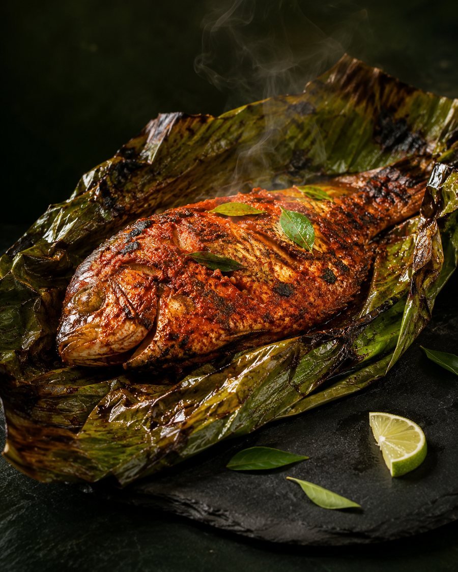 Karimeen Pollichathu — Kerala pearl-spot fish grilled in banana leaf