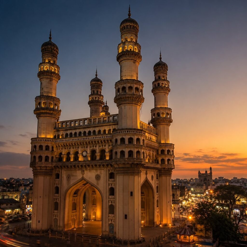 تشارمينار في حيدر آباد مضاءً عند الغسق